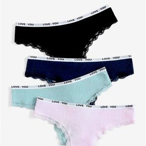 Multicolor Love You Graphic Letter Print Contrast Lace Panty 4 Pack.
